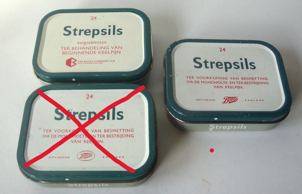 2 Strepsils blikjes, in goede staat, 2 typen (klein verschil, Ophalen of Verzenden, Zo goed als nieuw, Overige, Overige merken
