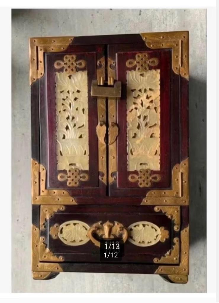 Chinees sieraden kast koperbeslag jade amuletten laden slot, Antiek en Kunst, Ophalen of Verzenden