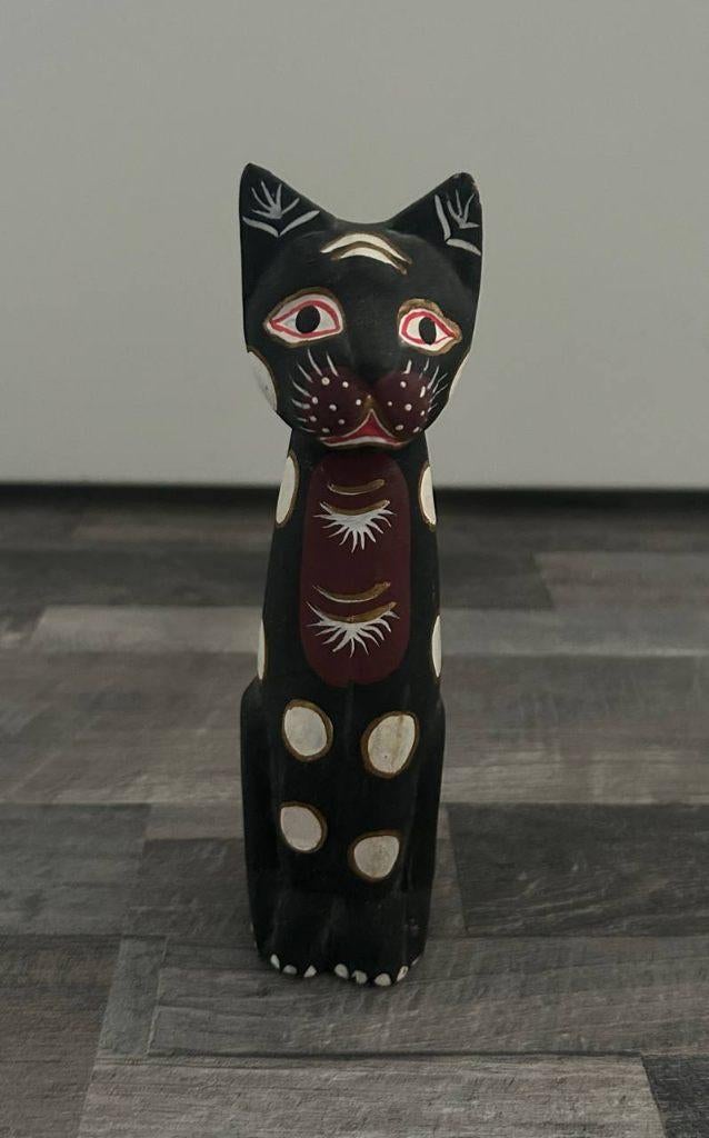 Zwarte houten kat beschilderd, Verzamelen, Beelden en Beeldjes, Ophalen of Verzenden, Gebruikt, Dier