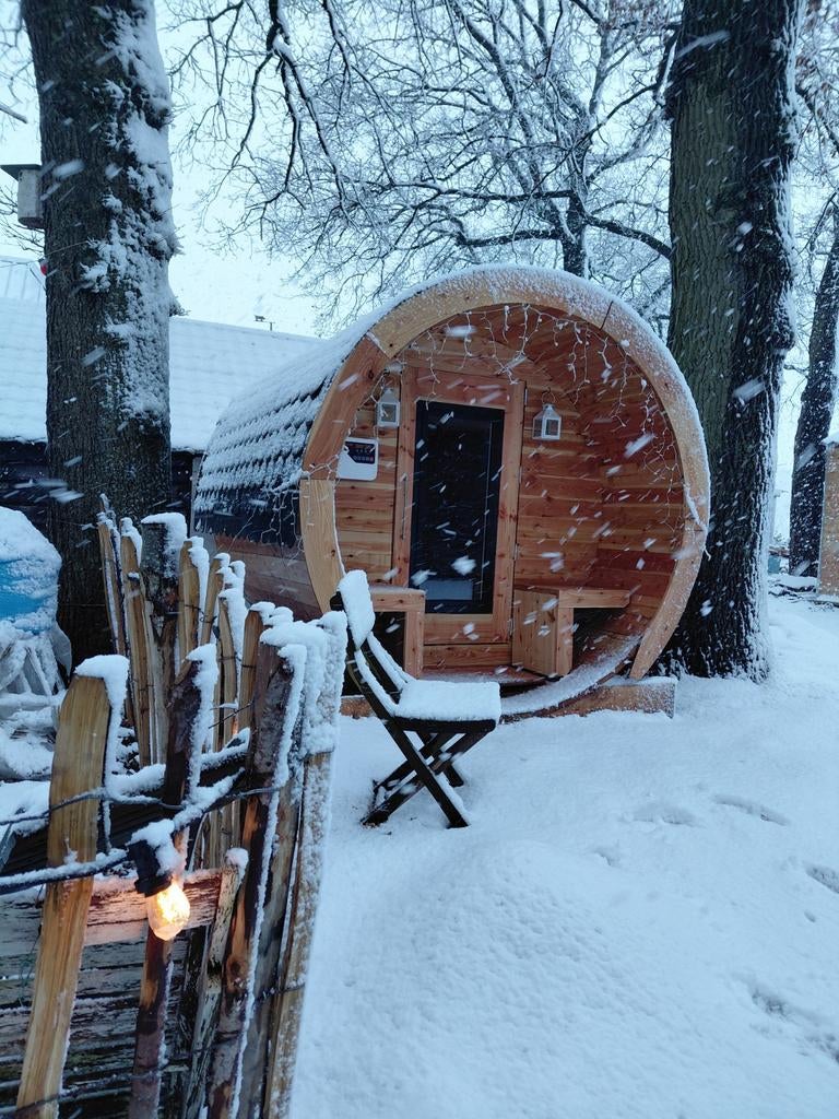 Lig Sauna | barrel sauna | 6 pers | Trekkershut |Ø2,16x2,80m, Ophalen, Zo goed als nieuw, Fins of Traditioneel, Complete sauna