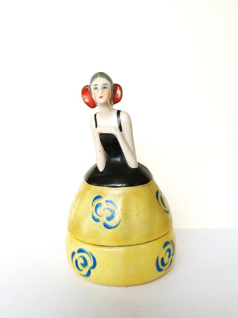 art deco beeldje, dekseldoosje, trinket box, half doll, Ophalen of Verzenden