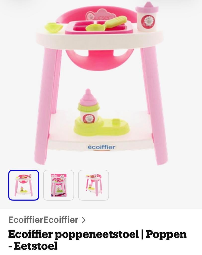 Ecoiffier Poppen Eetstoel met Accessoires, Kinderen en Baby's, Speelgoed | Poppen, Ophalen of Verzenden, Zo goed als nieuw, Overige typen