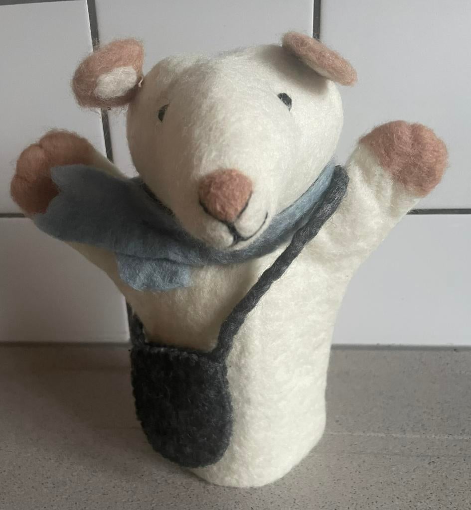 Vilten handpop witte muis met sjaal en tas vilt, Ophalen of Verzenden, Zo goed als nieuw