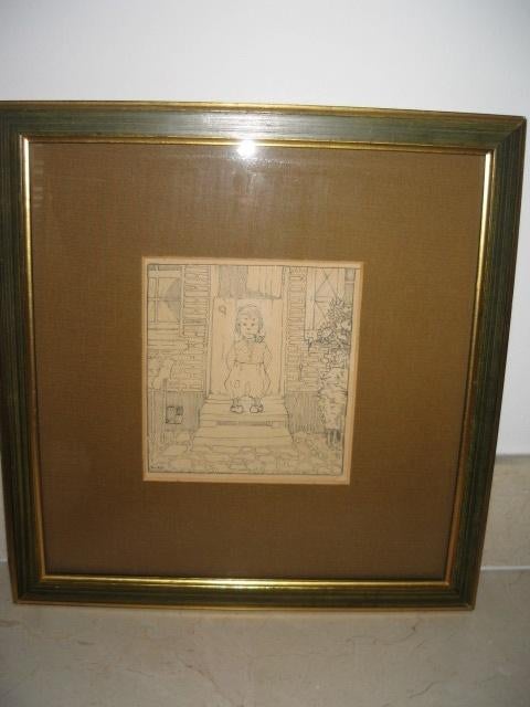 Pentekening van boertje op klompen in een mooie lijst, Ophalen of Verzenden