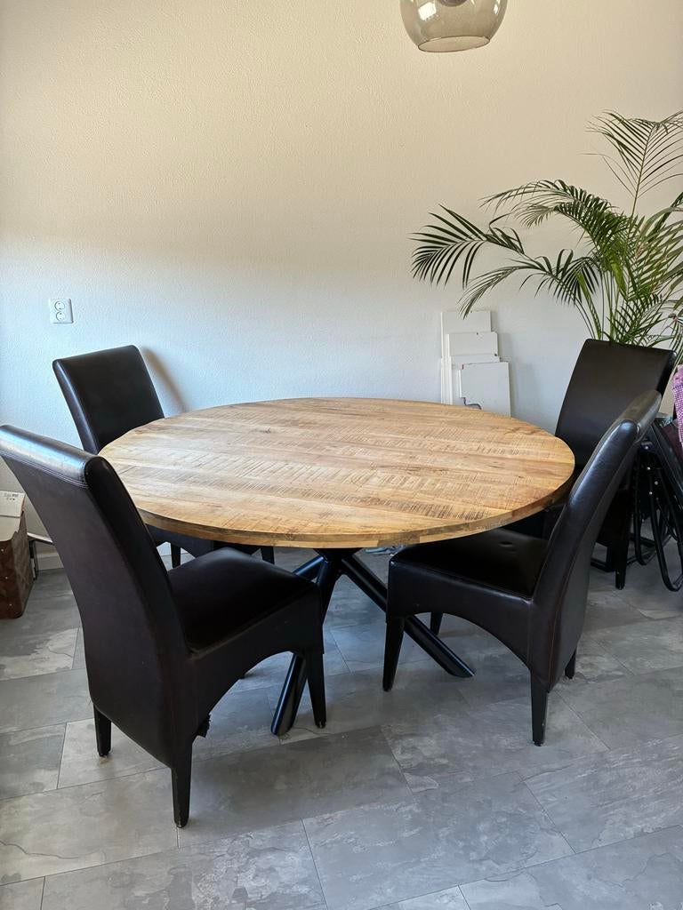 Eethoek met ronde tafel en 6 leren stoelen mangohout, Ophalen, Gebruikt, 150 tot 200 cm, Rond