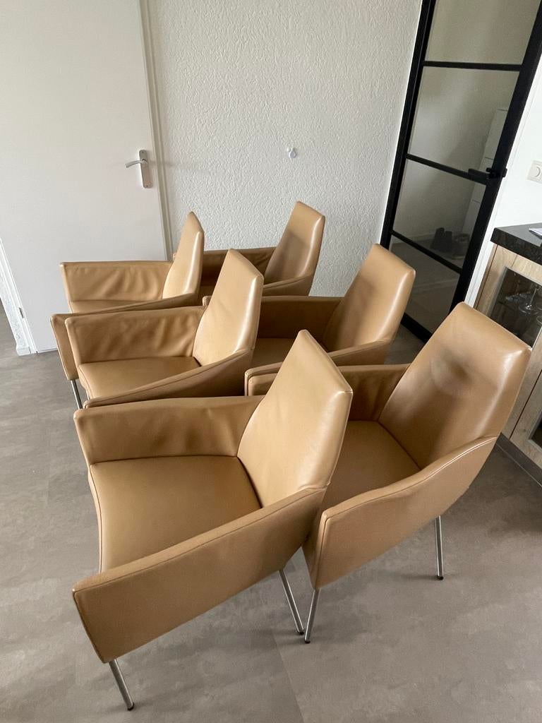 Set van 6 luxe Bert Plantagie eetkamerstoelen – leder, Huis en Inrichting, Ophalen, Zo goed als nieuw, Bruin, Vijf, Zes of meer stoelen