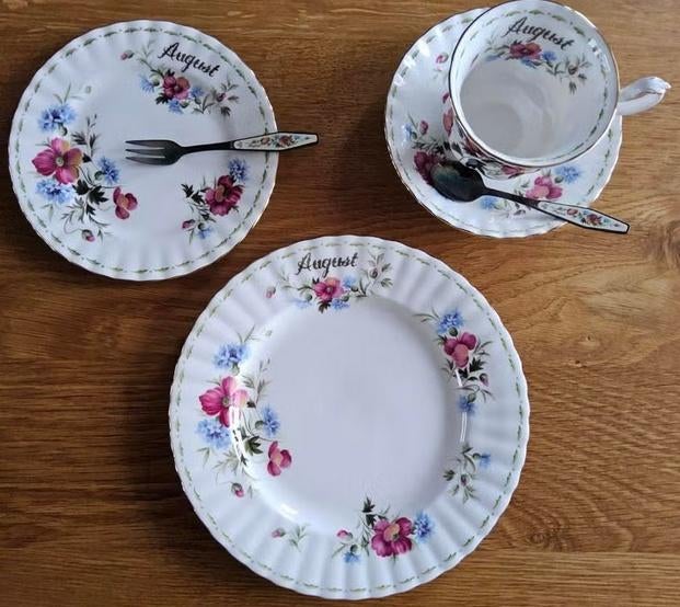 Servies set: kop, schotel, bord, gebakschotel + bestek, Ophalen of Verzenden, Zo goed als nieuw, Wedgwood, Kop(pen) en/of Schotel(s)