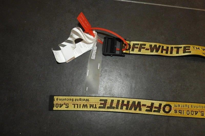 Off White lange riem geel merk print aparte gesp Nieuw, Kleding | Dames, Riemen en Ceinturen, Overige kleuren, 100 cm of meer