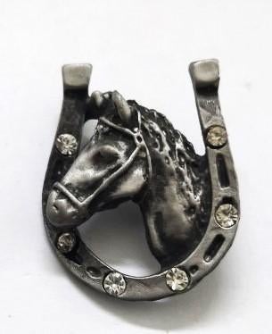 Vintage broche Paardenhoofd in Hoefijzer met Strass, Ophalen, Overige materialen, Zo goed als nieuw, Zilver