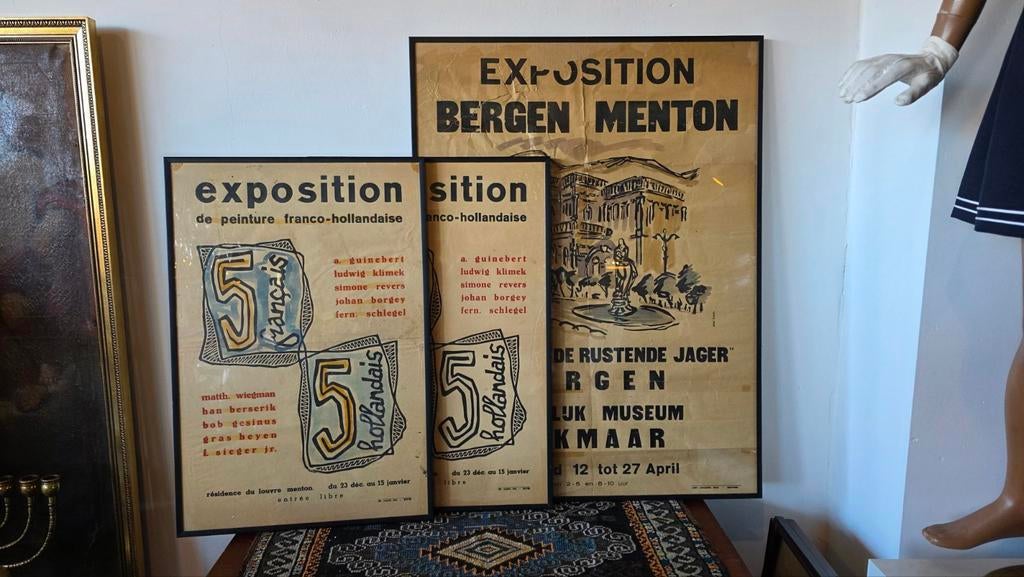 Uniek Trio: Originele Expositieposters "Bergen - Menton", Met lijst, Ophalen of Verzenden, A1 t/m A3, Overige onderwerpen