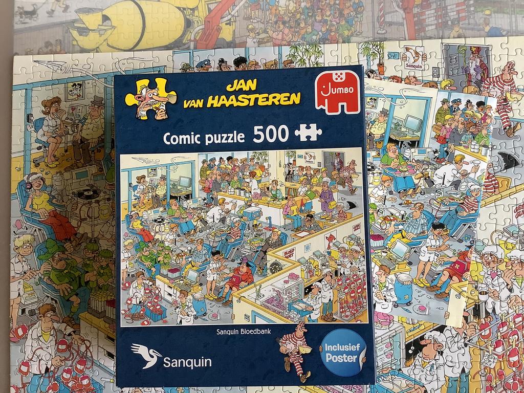 Jan van Haasteren Sanquin Bloedbank 500 stukjes, Ophalen of Verzenden, 500 t/m 1500 stukjes, Zo goed als nieuw