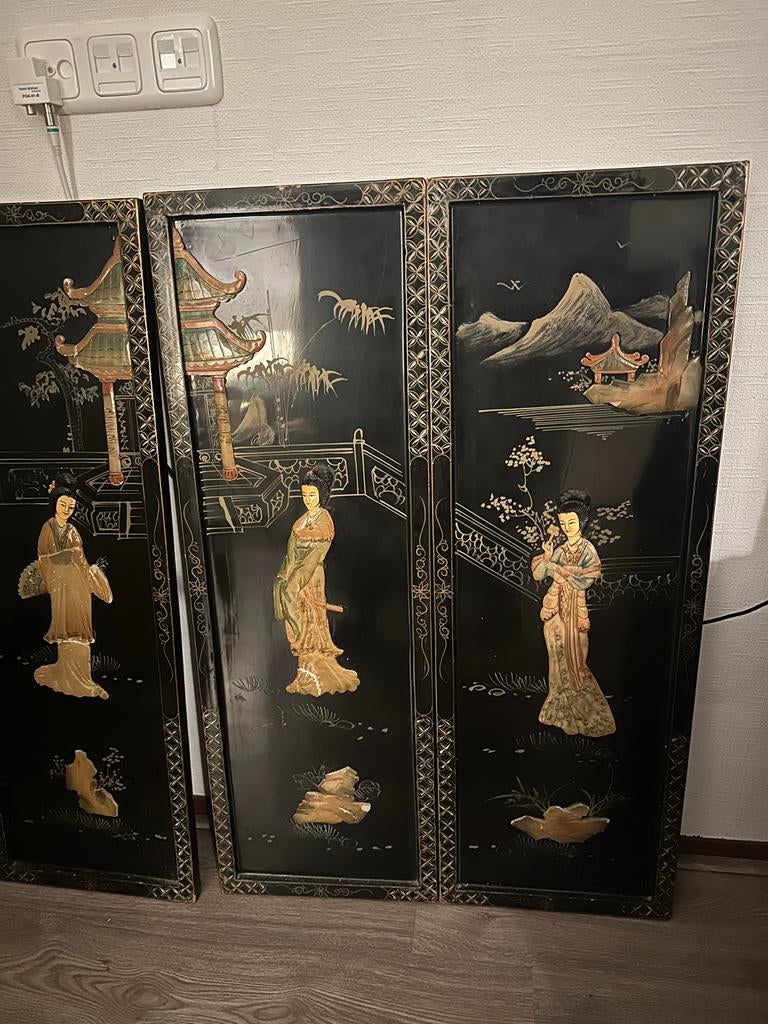 Vintage Chinese lakpanelen met parelmoer inlegwerk, Ophalen of Verzenden