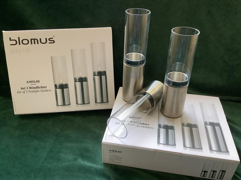 Blomus Amilio Windlichten Set - Nieuw en Gebruikt, Huis en Inrichting, Ophalen, Zo goed als nieuw, Metaal, Grijs