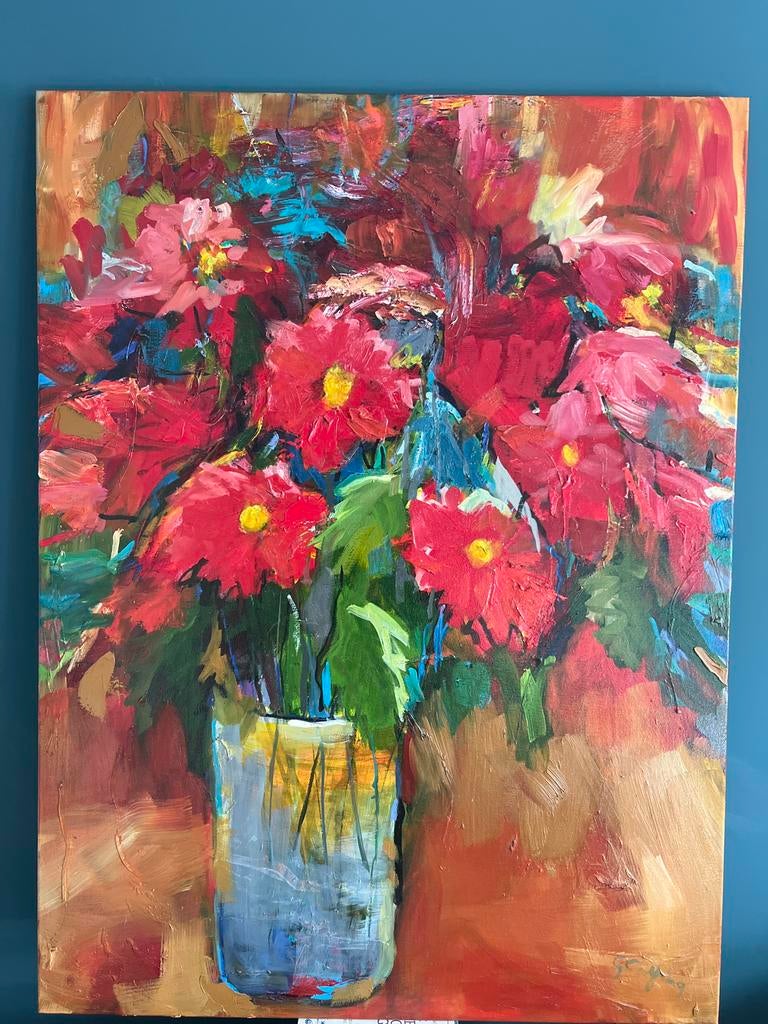 Olieverf schilderij: Rode Bloemen in Vaas, Ophalen