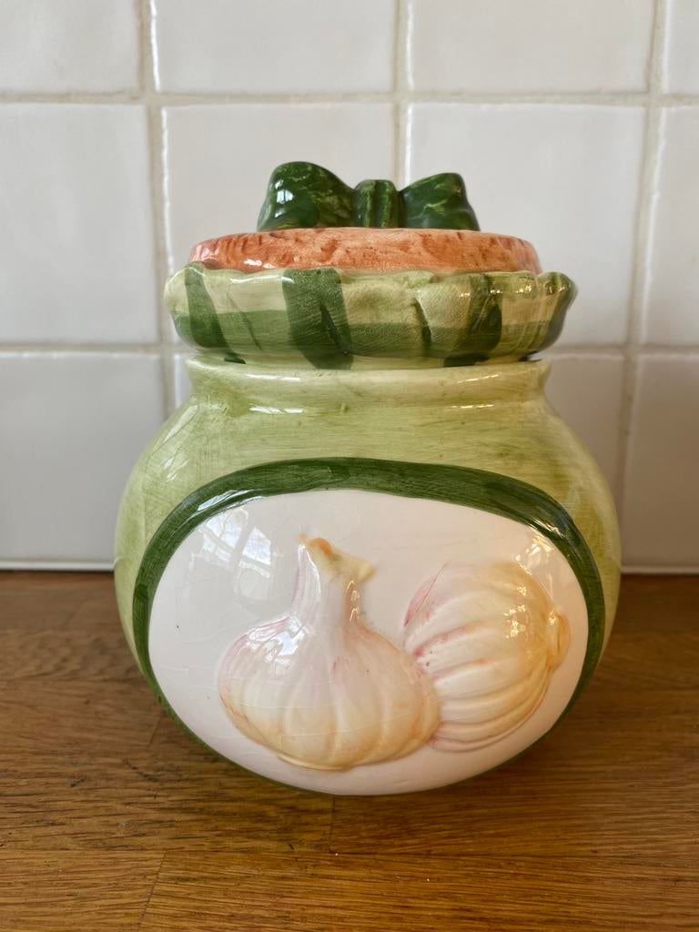 Oude Franse voorraad pot keramiek voor uien of knoflook, Ophalen