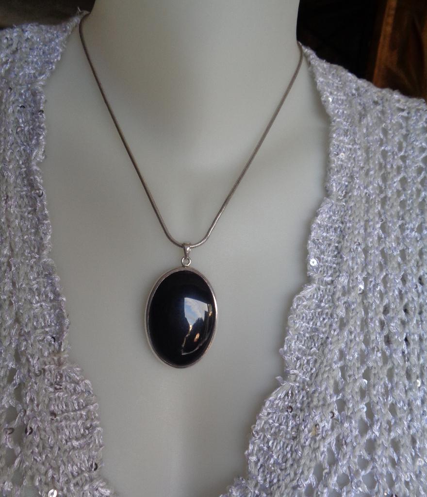 zilveren slangenketting met grote hanger zwarte steen [825], Met hanger, Verzenden, Zo goed als nieuw, Zilver