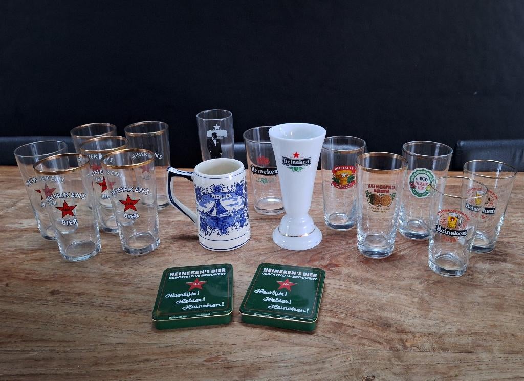 lot 18st vintage Heineken bierglazen bier-glas mok vaasje, Ophalen of Verzenden, Gebruikt, Glas of Glazen, Heineken