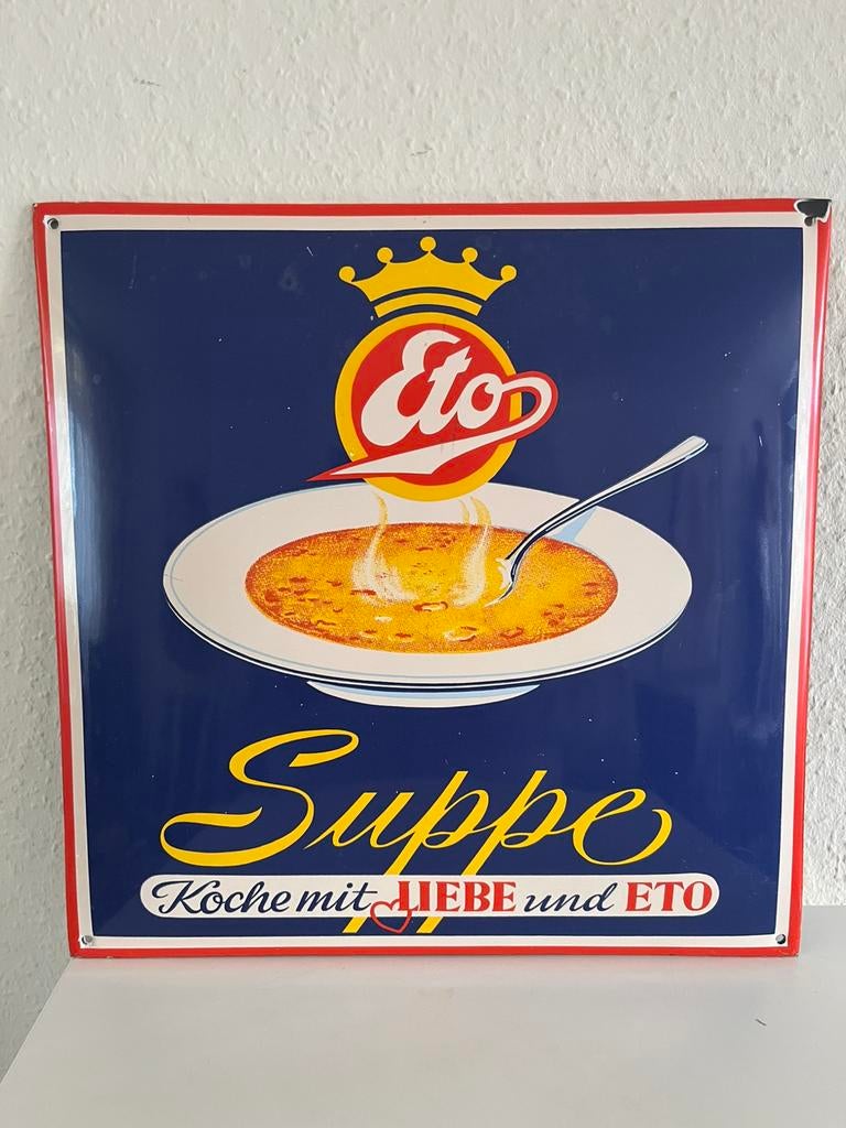 Vintage Emaillebord ETO 30 x 30 cm gebold., Ophalen of Verzenden, Gebruikt, Reclamebord