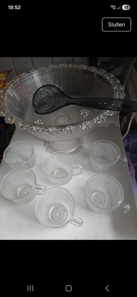 Glazen punchkom met lepel en 6 glazen, Huis en Inrichting, Gebruikt, Overige typen, Ophalen of Verzenden, Glas