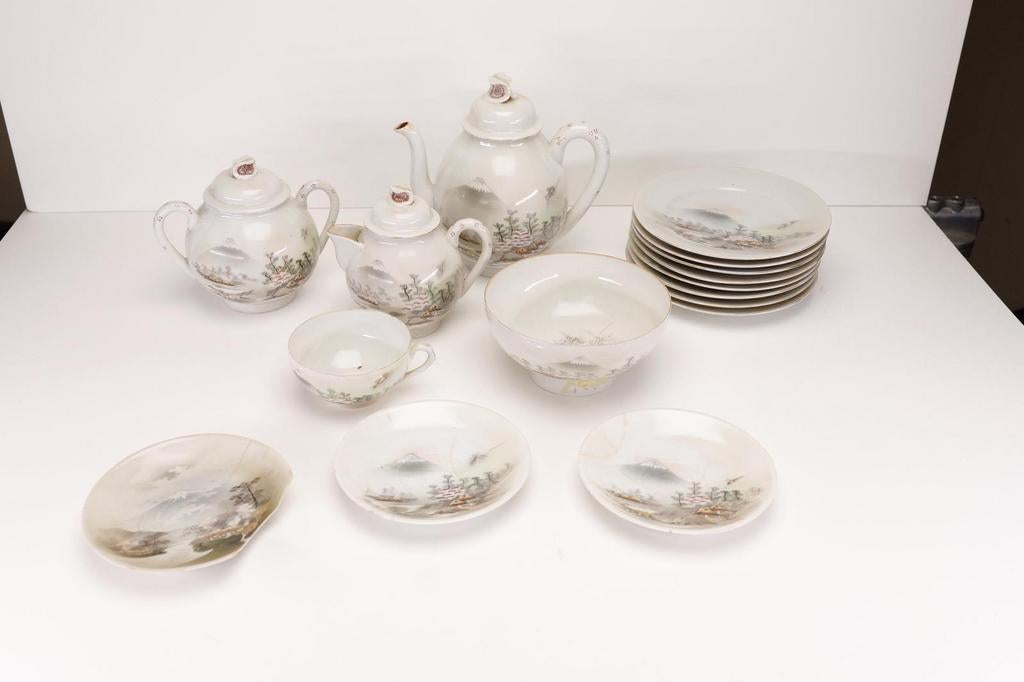 Japans eierschaal theeservies Kutani-stijl, handbeschilderd, Ophalen of Verzenden