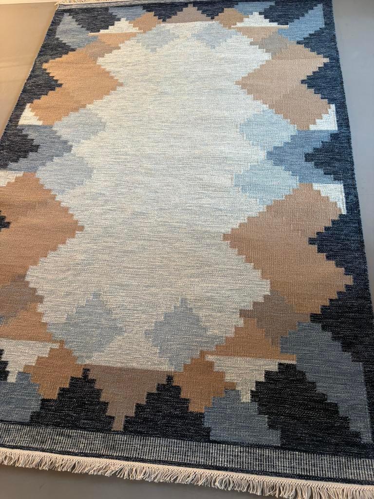 Handgeweven groot wollen vloerkleed rollakan blauw en beige, Geen, Geen, Scandinavisch, Ophalen of Verzenden