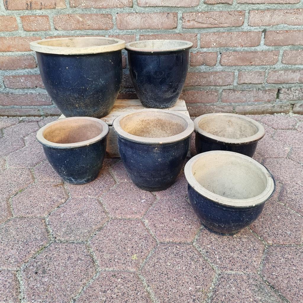 Mooi setje blauwe geglazuurde stenen bloempotten, Tuin en Terras, Bloempotten, Ophalen, Rond, Zo goed als nieuw, Aardewerk