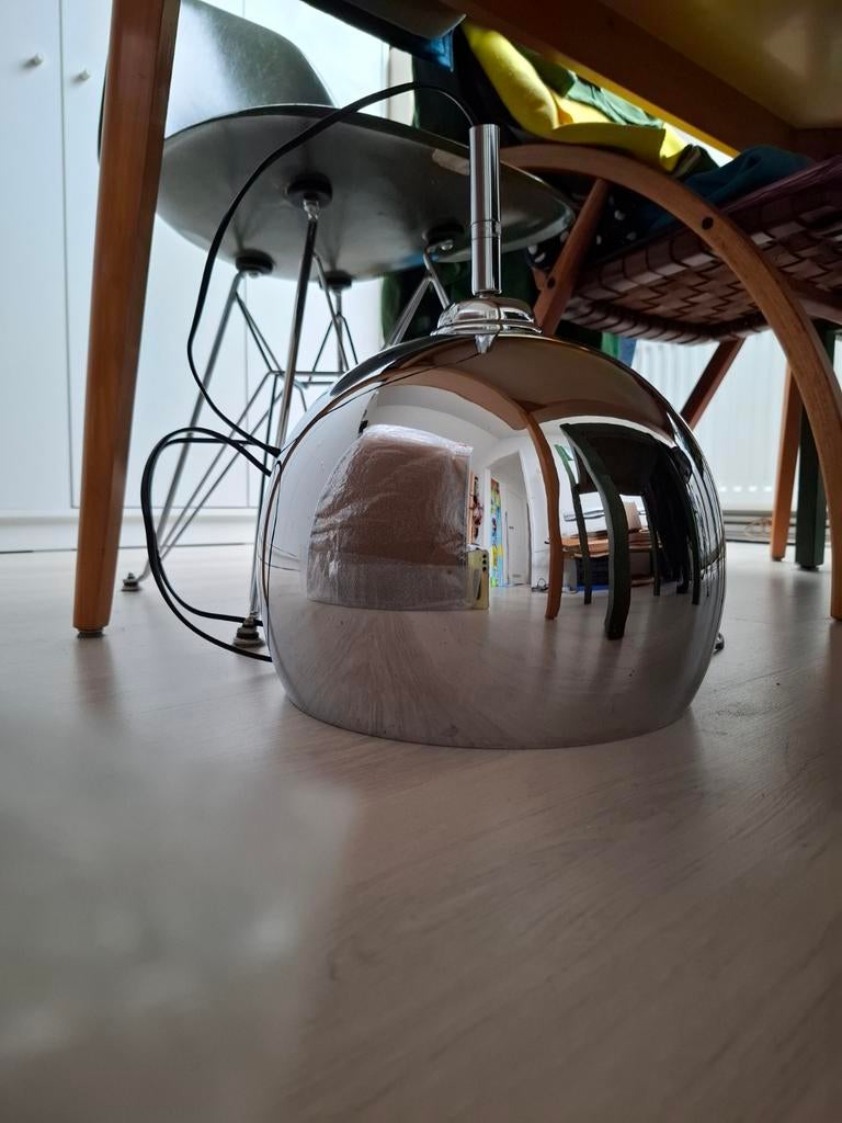 Vintage bol hanglamp chroom upsycled van een booglamp, Ophalen of Verzenden, Gebruikt, Minder dan 50 cm
