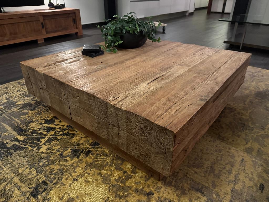 Salontafel Landelijk Robuust Ruw Teak Hout 100 x 100 cm, Ophalen, Zo goed als nieuw, Landelijk robuust koloniaal, Minder dan 50 cm