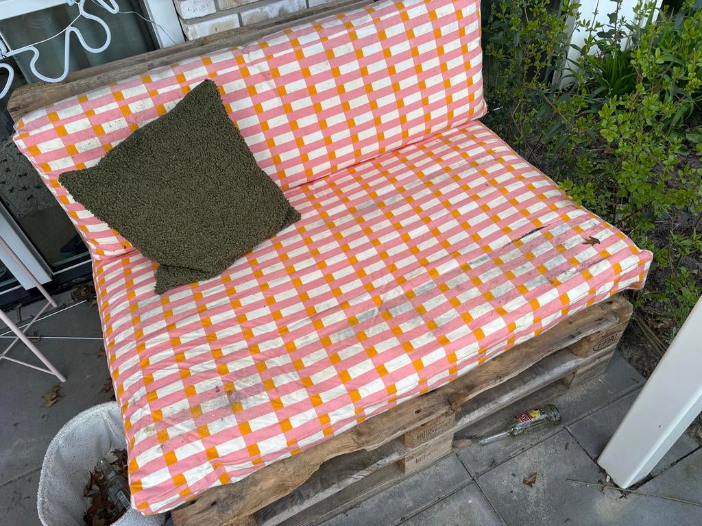 Palletbank met kussens, Ophalen, Gebruikt, 150 tot 200 cm, Tweepersoons