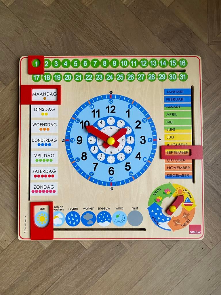 Goula houten klok en kalender voor kinderen, Ophalen, Zo goed als nieuw, Taal en Lezen
