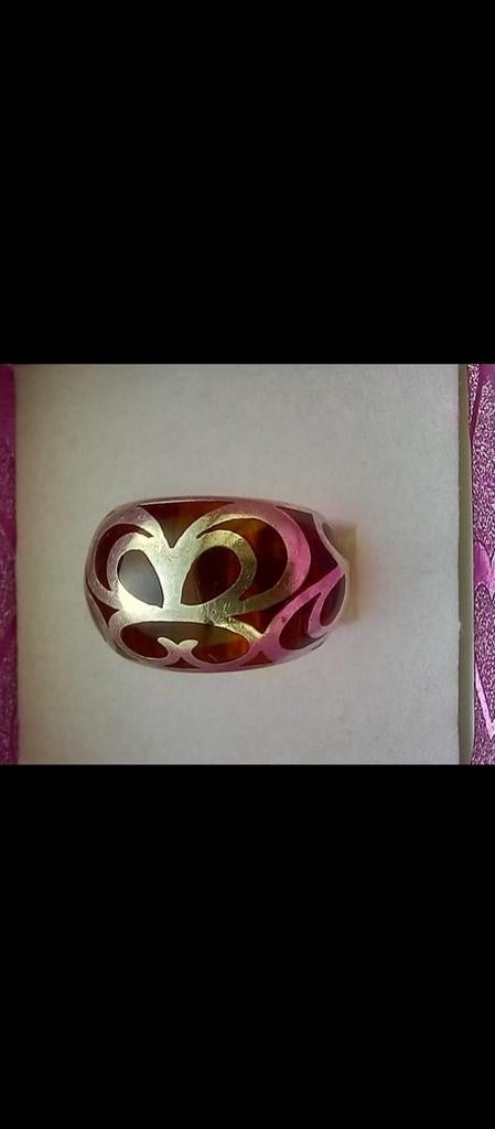 Zilveren ring met amberkleurige inleg, maat 16,5, Sieraden, Tassen en Uiterlijk, Gebruikt, Ophalen of Verzenden, Kleiner dan 17