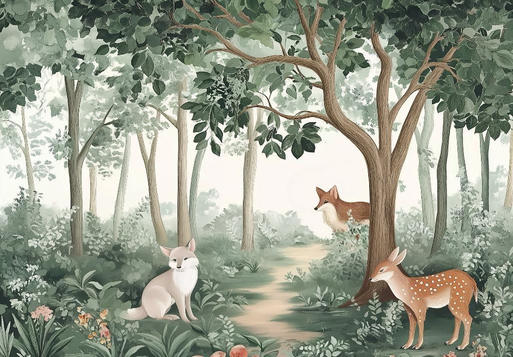 Bosdieren fotobehang Fantasy, hert, vos, bos, fantasie, Verzenden, Nieuw, Wanddecoratie