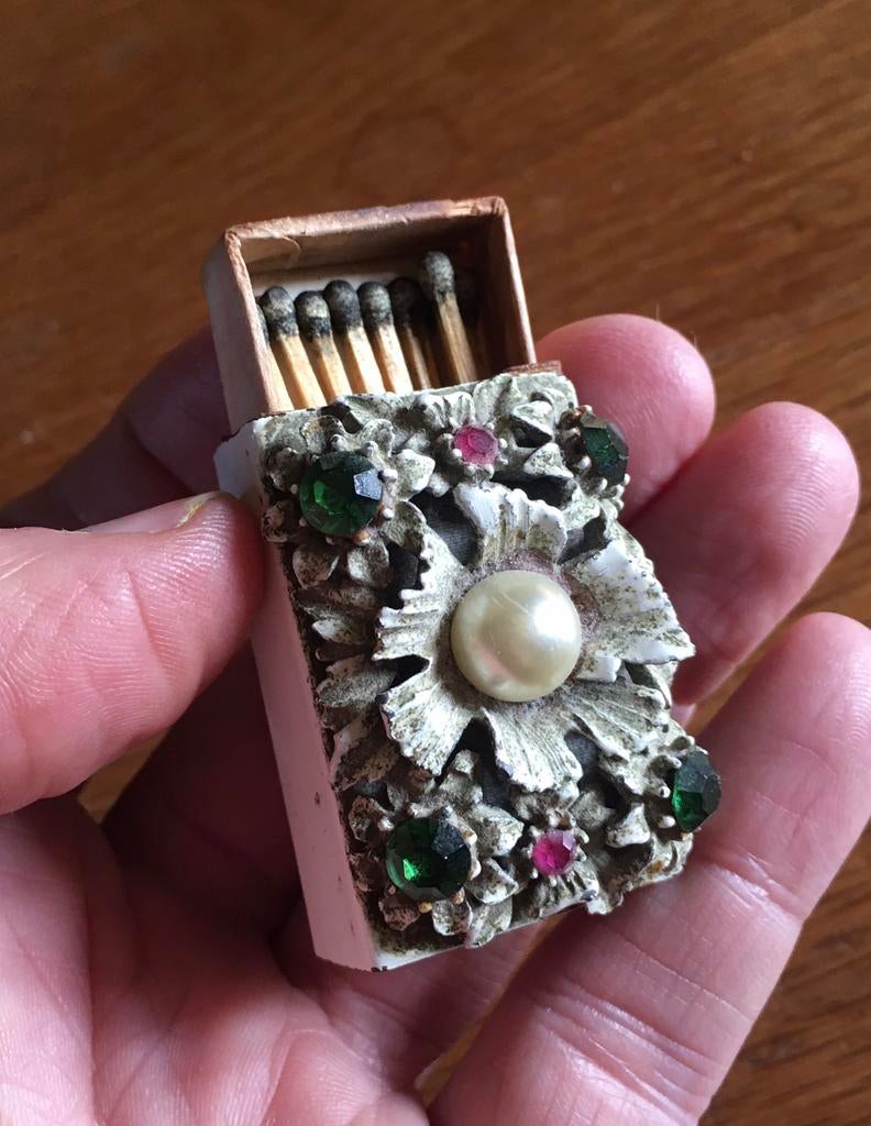 Antieke lucifer doosje met parel en edelsteen omslag, Ophalen of Verzenden