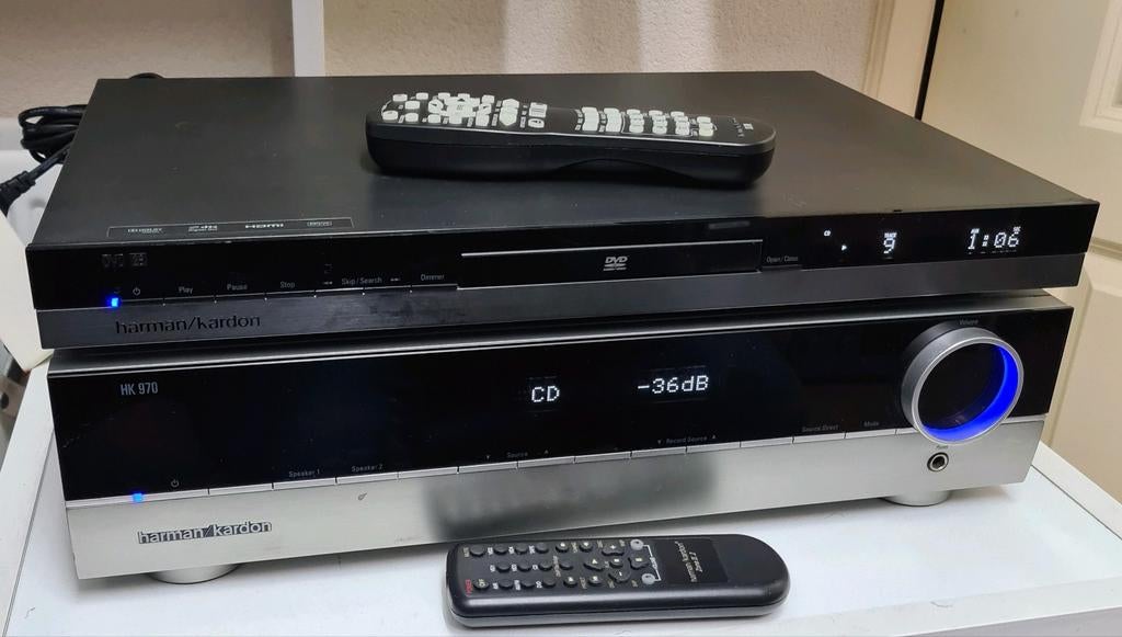 Harman kardon hk-970 versterker + cd dvd 28 + remotes, Ophalen of Verzenden