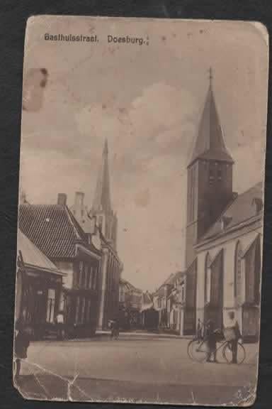 Doesburg - Gasthuisstraat (Kerk,fiets met mand,karren)-1928, Ophalen of Verzenden, 1920 tot 1940, Gelopen, Gelderland