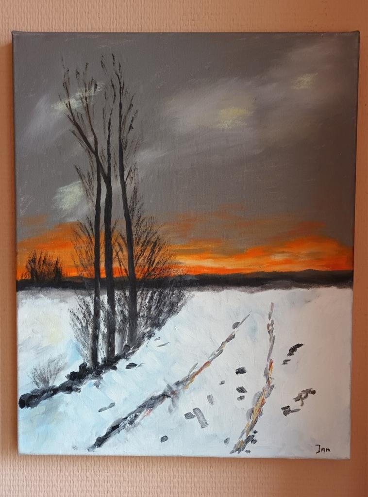 Zonsondergang in de winter. Olieverf schilderij 40 x 50, Ophalen of Verzenden