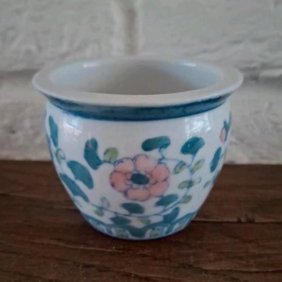 Vintage klein Chinees porselein bloempotje. H 8 cm. Ø 10 cm., Tuin en Terras, Bloempotten, Rond, Binnen, Ophalen of Verzenden