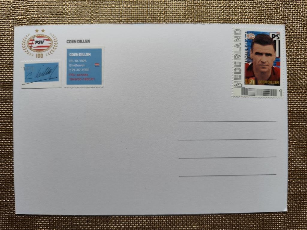 Ongelopen ansichtkaart PSV C.Drillen + bijhorende postzegel, Verzamelen, Ansichtkaarten | Themakaarten, 1980 tot heden, Ophalen of Verzenden