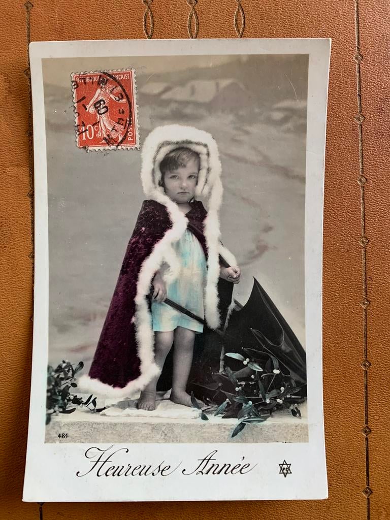 1909 Heureuse Année - meisje in rode cape maretak, paraplu, Ophalen of Verzenden, Voor 1920, Gelopen, Feest(dag)