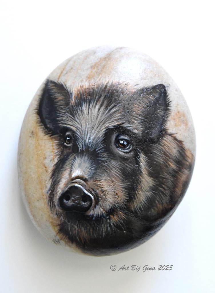 Wild zwijntje, hand geschilderd op een mooie riviersteen, Ophalen of Verzenden