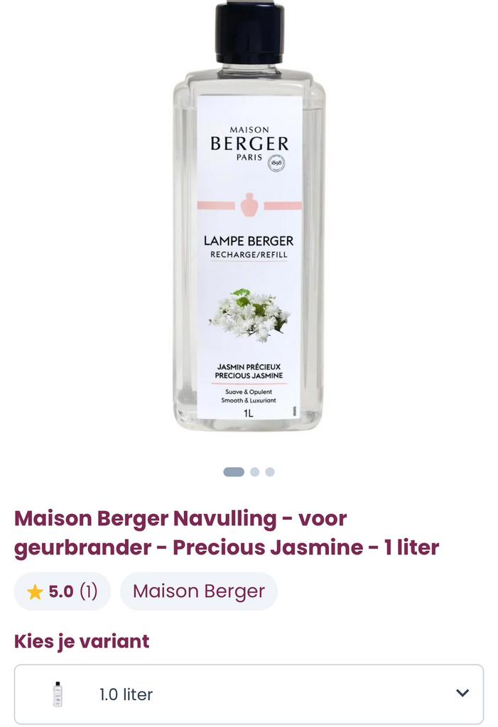 LAMPE BERGER jasmijn navulling 1 liter, Ophalen of Verzenden, Nieuw, Overige materialen, Minder dan 25 cm