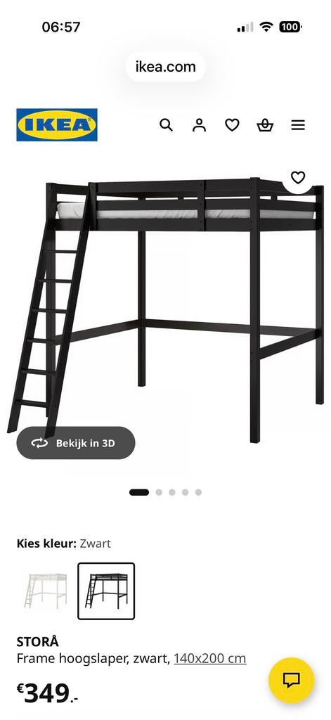 IKEA Stora Hoogslaper Zwart 140x200 cm, Huis en Inrichting, Slaapkamer | Stapelbedden en Hoogslapers, Ophalen, Gebruikt, Hoogslaper