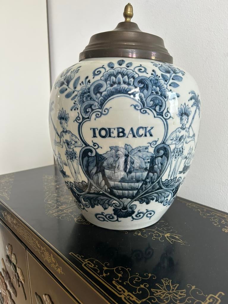 Grote keramieken Plateel tabakspot met koperen deksel, Antiek en Kunst, Antiek | Keramiek en Aardewerk, Ophalen of Verzenden