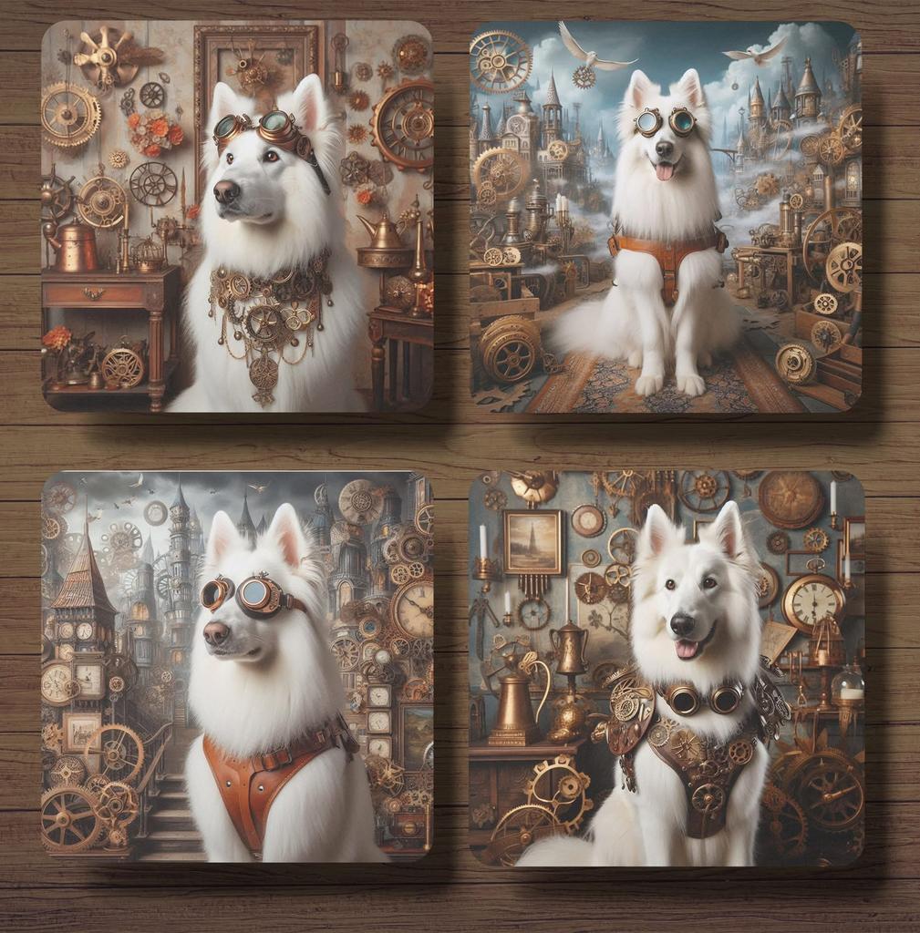 Witte Herder Steampunk onderzetters met houder, Ophalen of Verzenden, Zo goed als nieuw, Glas of Kopje