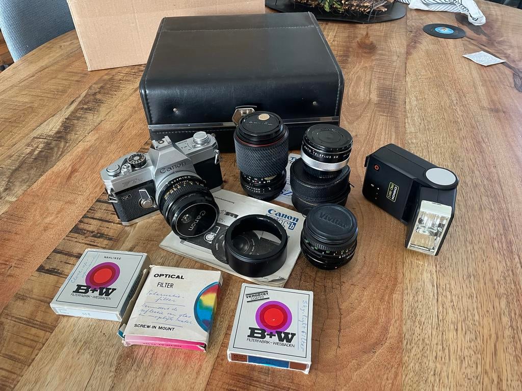 Vintage Canon FTb camera met lenzen en accessoires, Ophalen, Gebruikt, Spiegelreflex, Canon