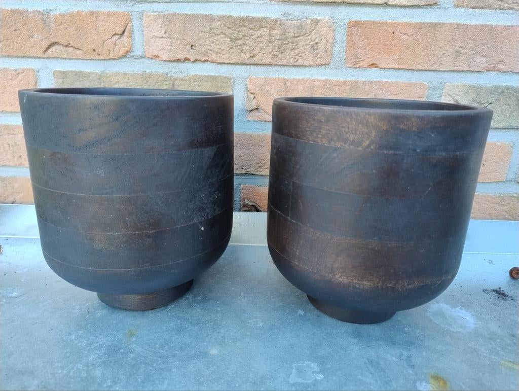 2x H&M Home Mango Houten Bloempotten - 15 cm doorsnede, Overige materialen, Gebruikt, Rond, Binnen