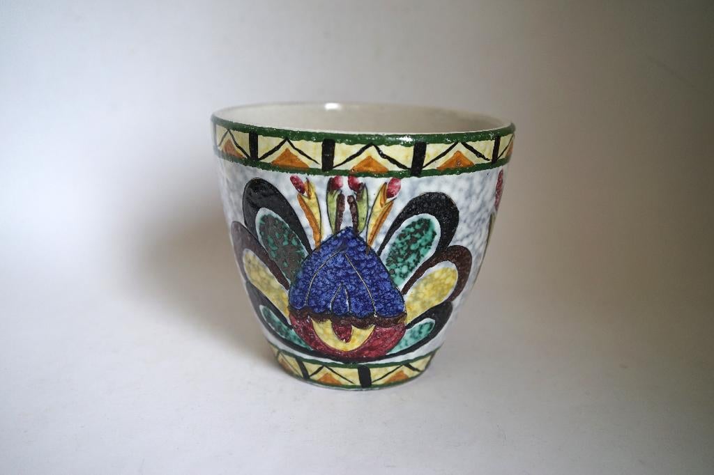 vintage bloempot kleurrijk keramiek cachepot handgeschilderd, Gebruikt, Rond, Binnen, Ophalen of Verzenden