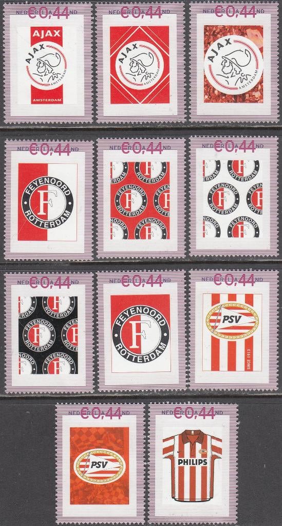 Persoonlijke zegels Ajax, Feijenoord en PSV (11x) postfris, Ophalen of Verzenden, Na 1940, Postfris