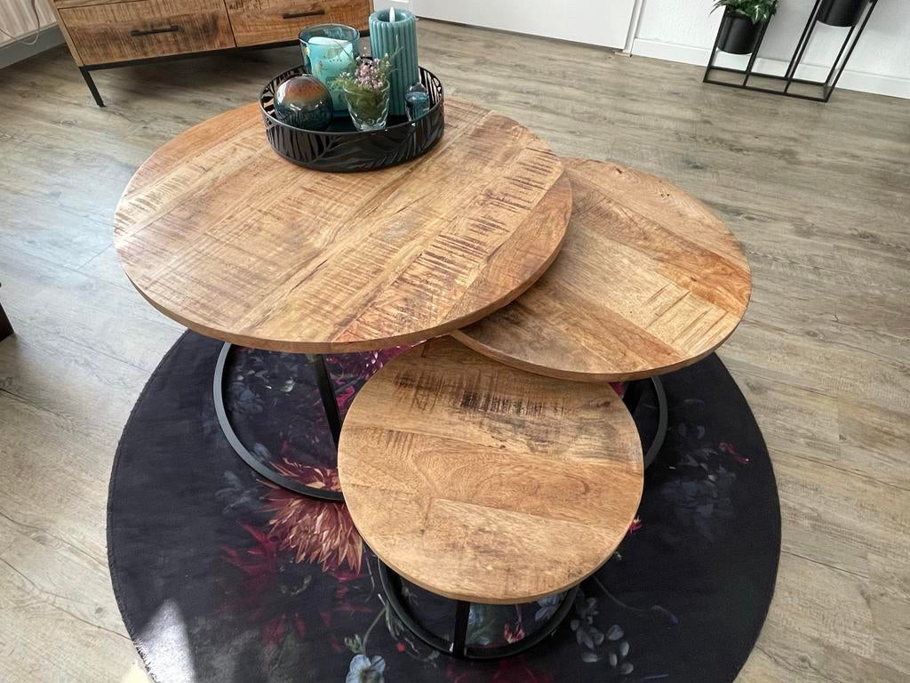 Set van 3 mangohouten salontafels, Ophalen, Gebruikt, Rond, Overige houtsoorten