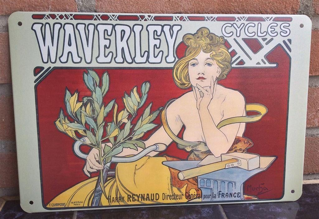 ALPHONSE MUCHA Jugendstil Fiets Reclame Metalen Wandbord, Ophalen of Verzenden